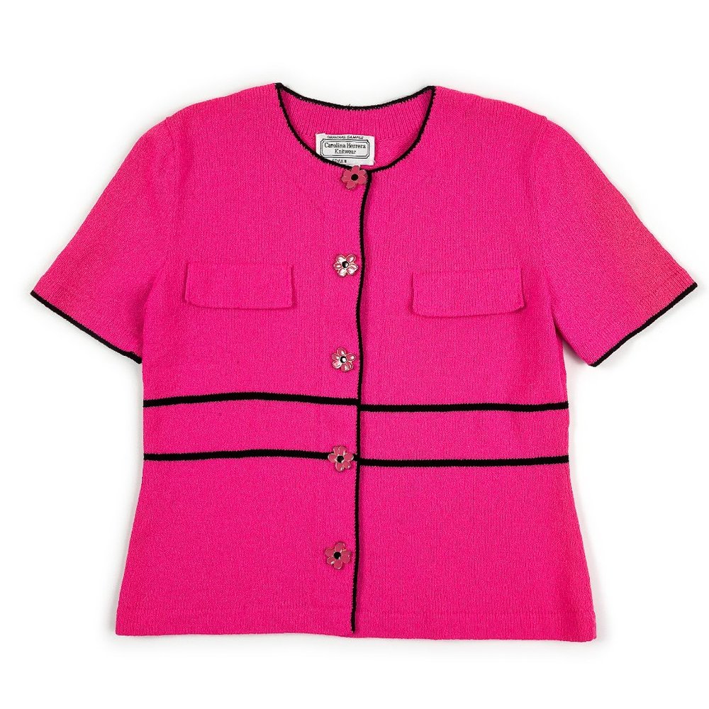 Carolina Herrera Hot Pink Short-Sleeve Knit Cardigan with Black Trim